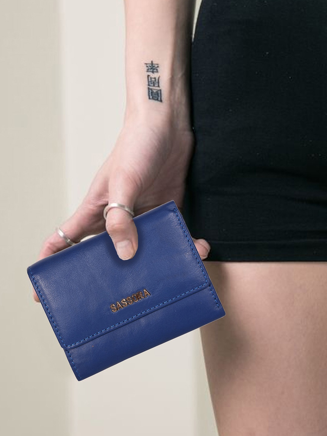

Sassora Women Blue Zip Detail Leather Three Fold Wallet