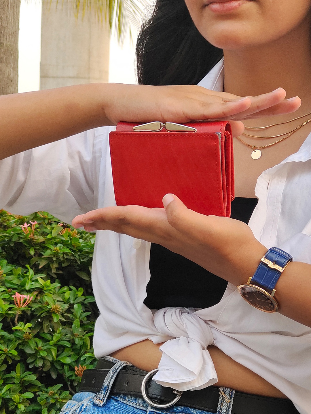 

Sassora Women Red Zip Detail Leather Three Fold Wallet