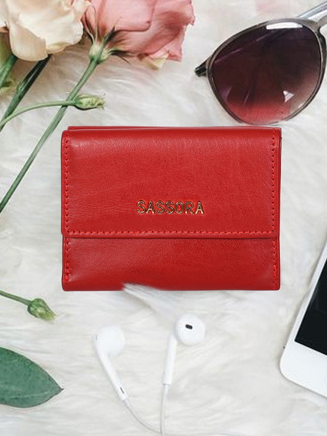 

Sassora Women Red Leather Three Fold Wallet