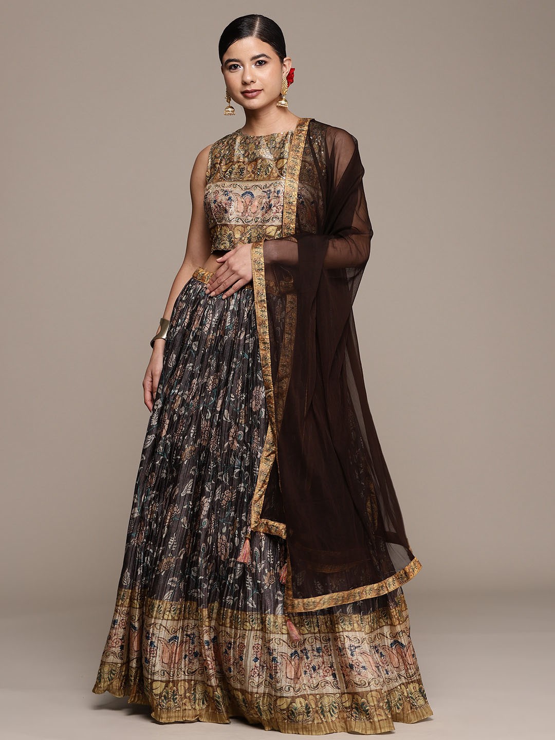

SAARYA Beige & Black Embellished Sequinned Ready to Wear Lehenga & Blouse With Dupatta