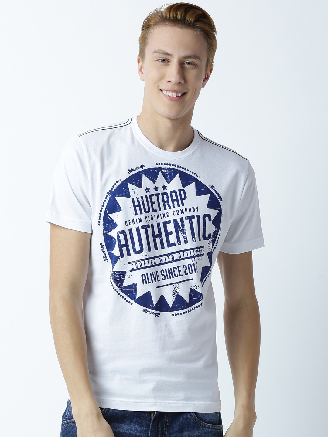 

Huetrap Men White Printed Round Neck T-shirt