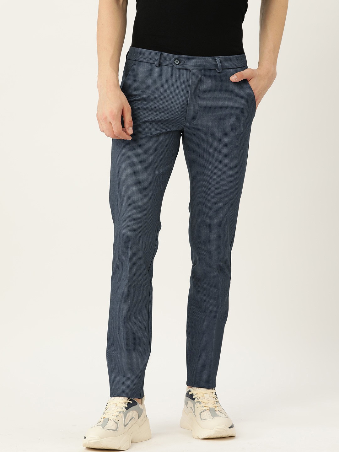 

Peter England Men Textured Super Slim Fit Trousers, Blue