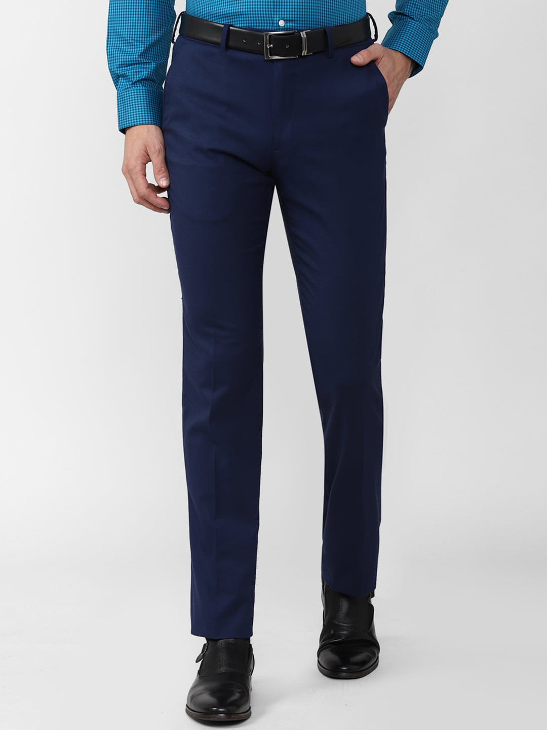 

Van Heusen Men Navy Blue Solid Slim Fit Formal Trousers