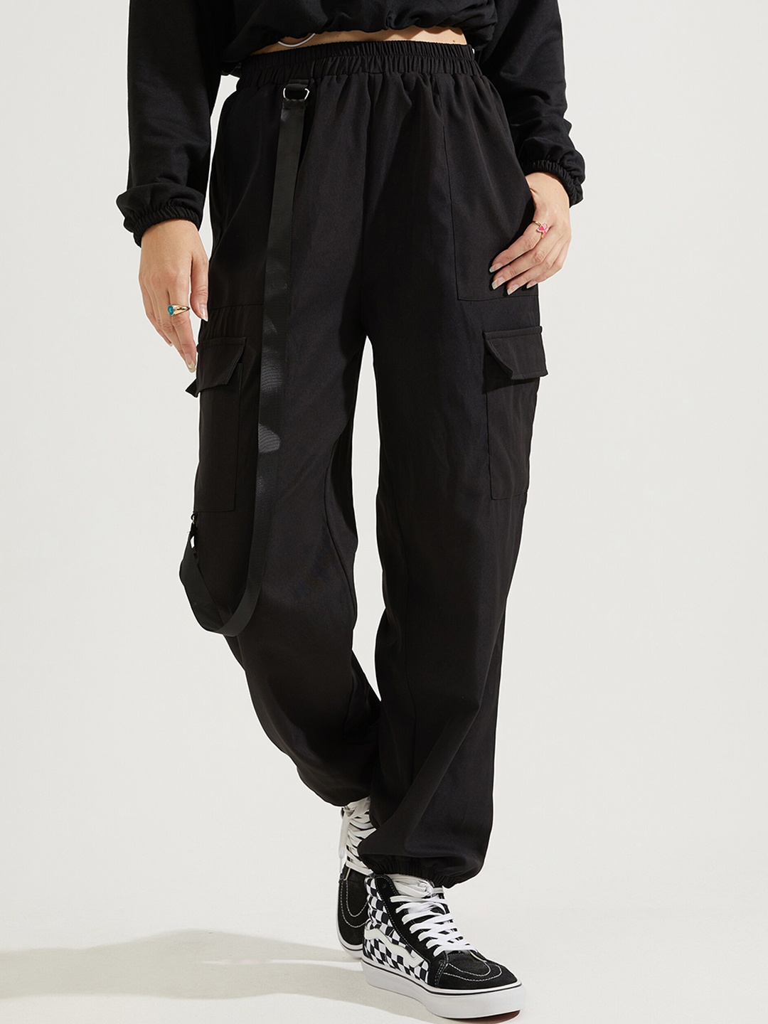 

URBANIC Women Black Solid Cargos Trousers