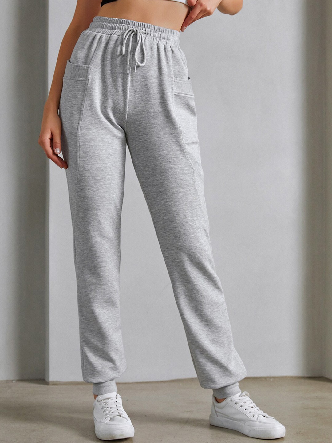 

URBANIC Women Grey Solid Drawstrings Mid-Rise Trousers