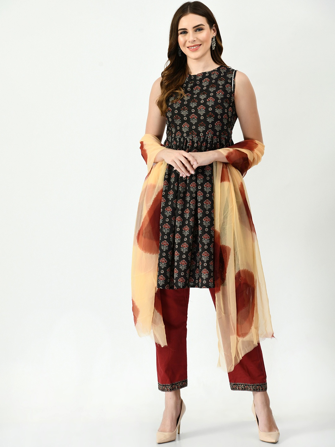 

KALINI Women Black Floral Empire Pure Cotton Kurta with Trousers
