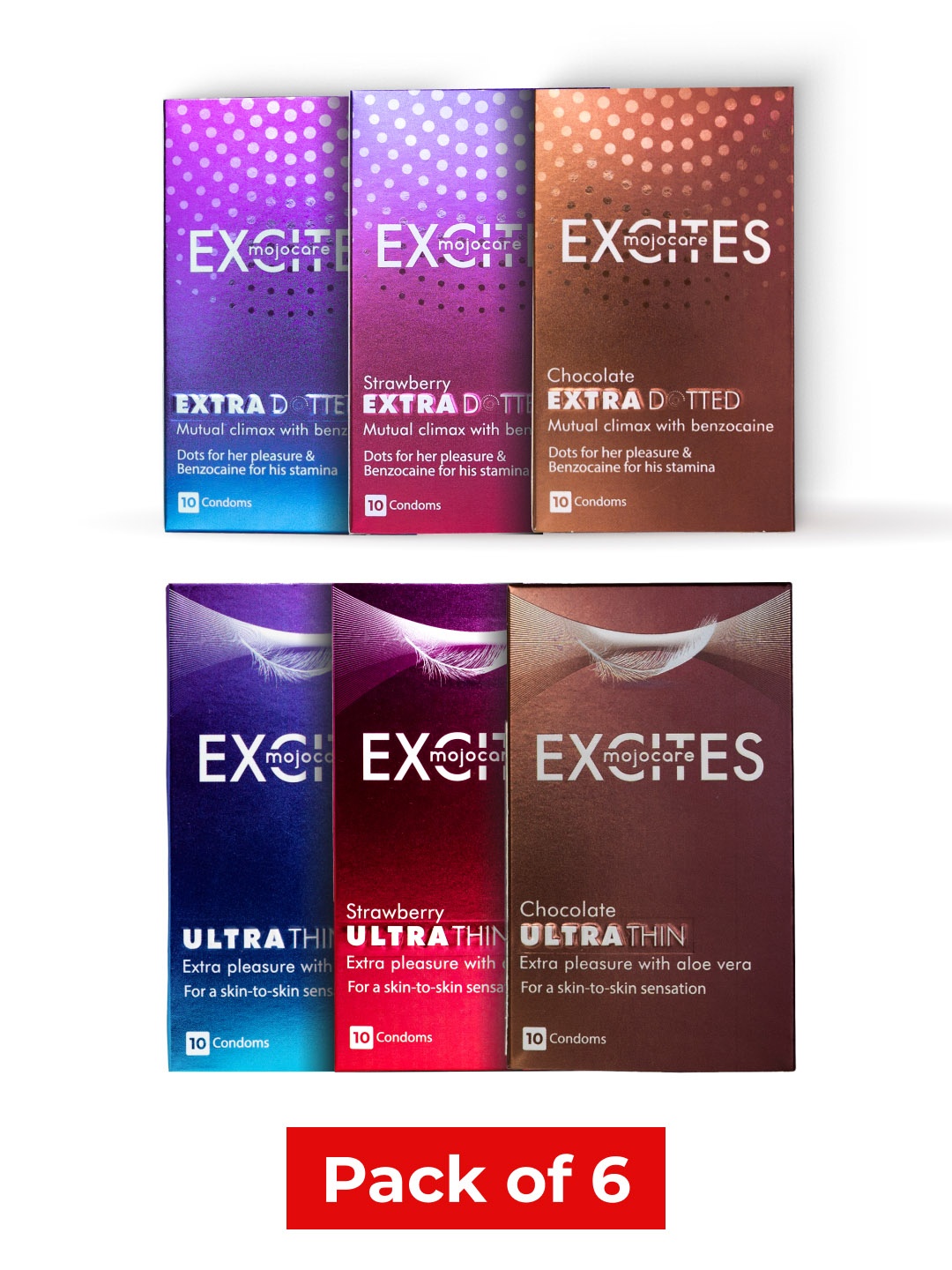 

Mojocare Men Set Of 6 Excites Ultra Thin Condoms - 10 Pcs Each, Nude