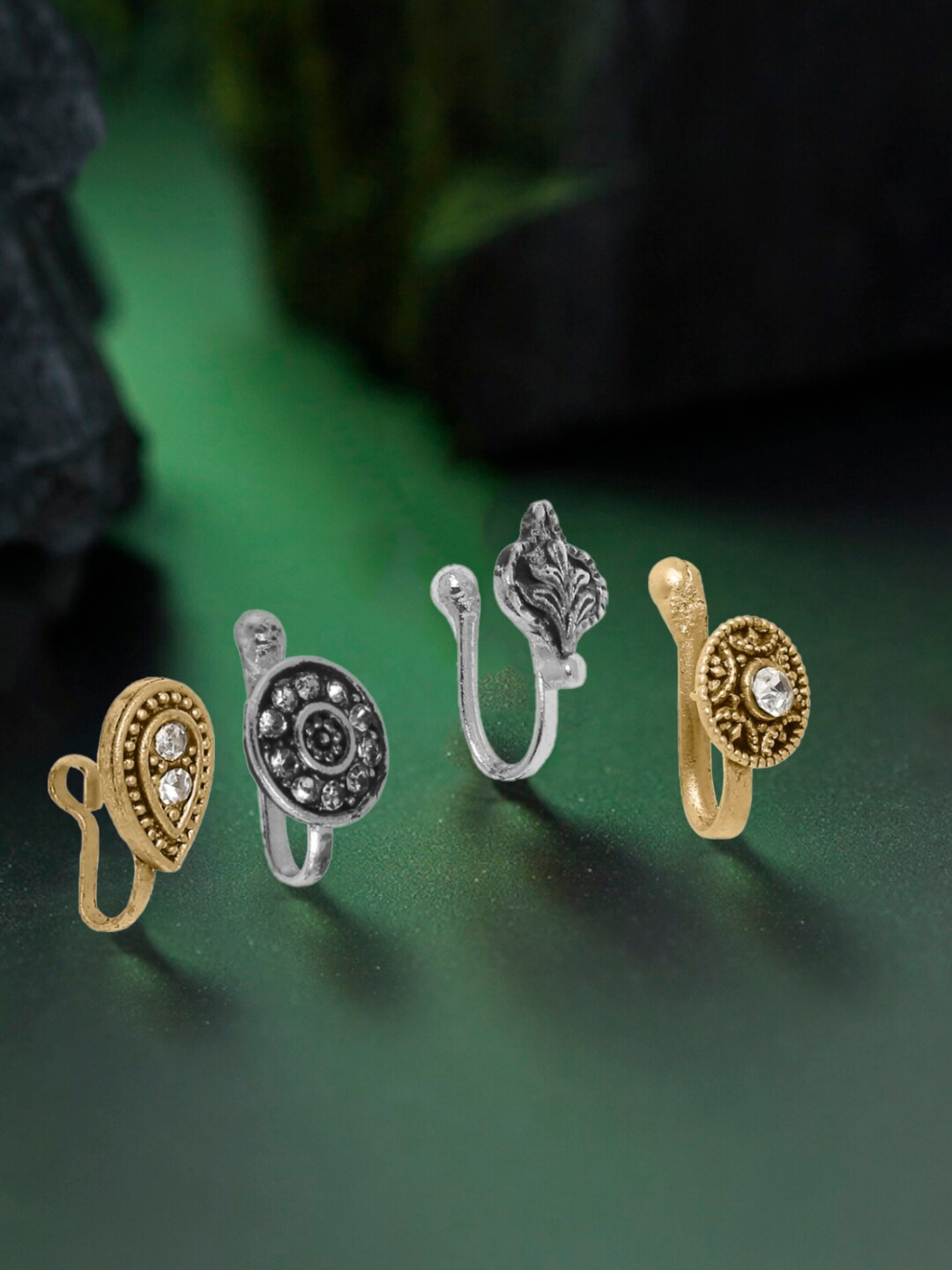 

OOMPH Set Of 4 Gold & Silver-Toned White Stone Studded Oxidized Stud Nosepin