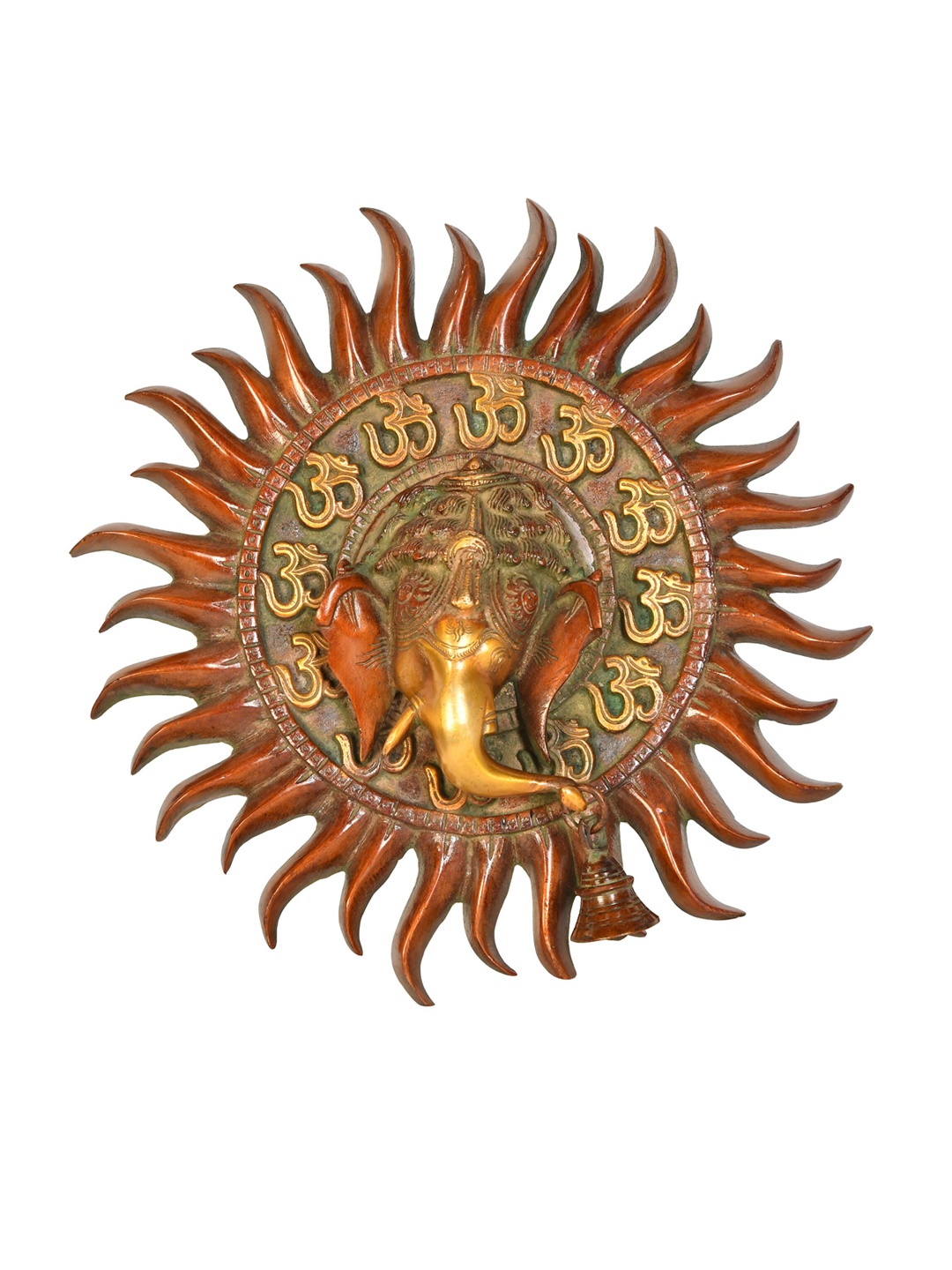 

Exotic India 10" Brass Ganesha Mukhamandala Emerging From The Sun Wall Hanging, Gold