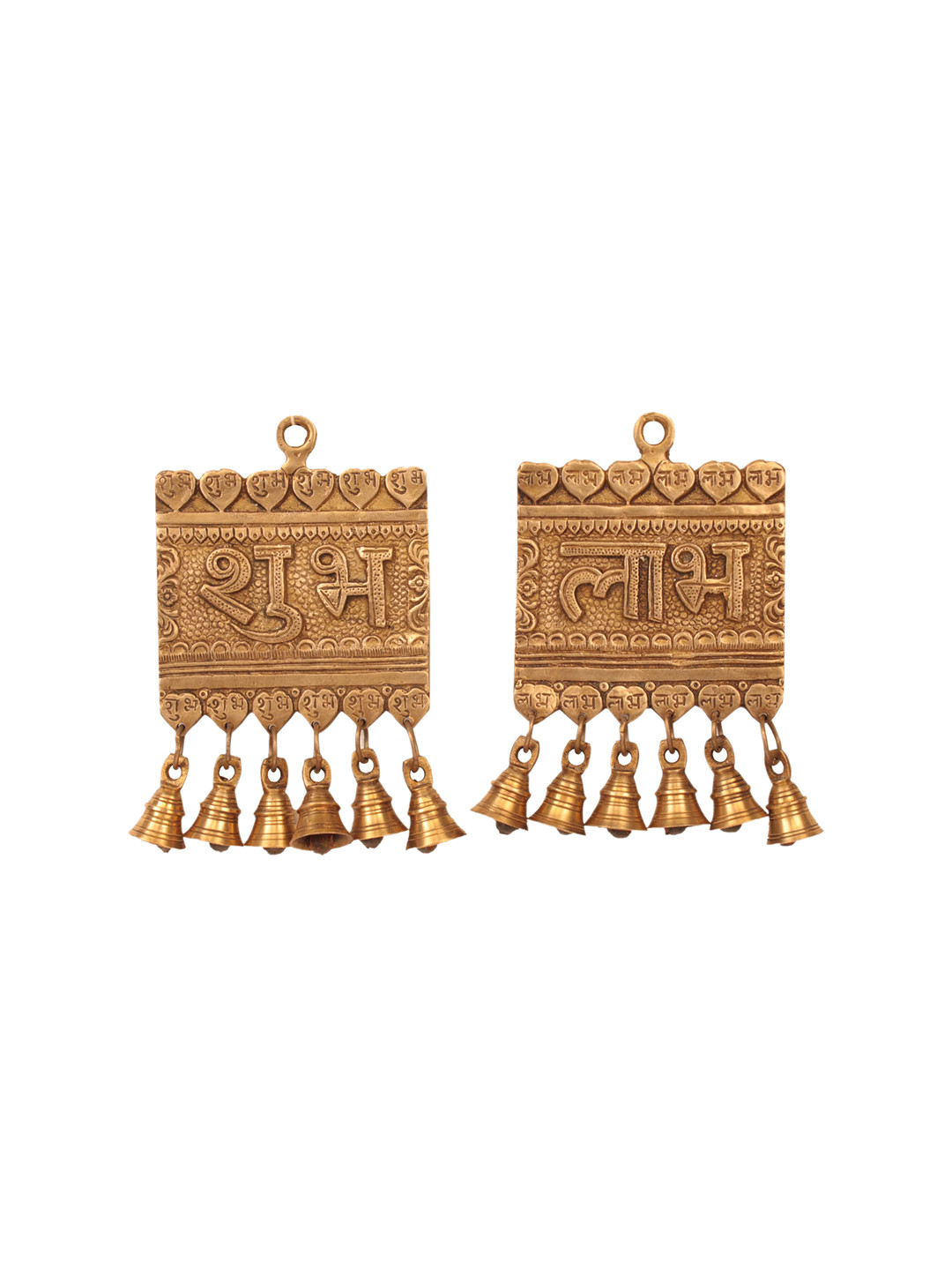 

Exotic India 8" Brass Shubh Labh Wall Hanging with Bells, Gold