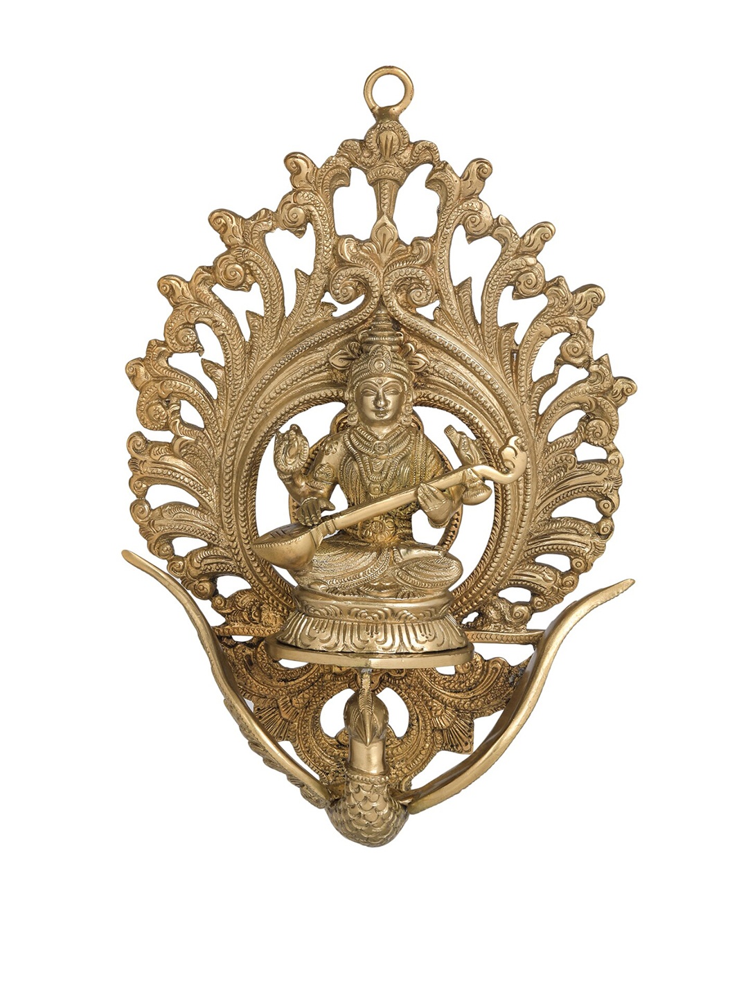 

Exotic India Gold-Toned Goddess Saraswati Seated on Flying Swan Wall Decor