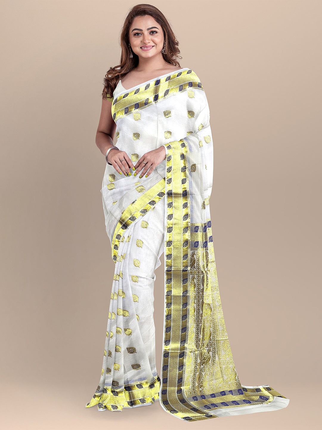 

The Chennai Silks Off White & Gold-Toned Woven Design Zari Pure Cotton Kasavu Saree