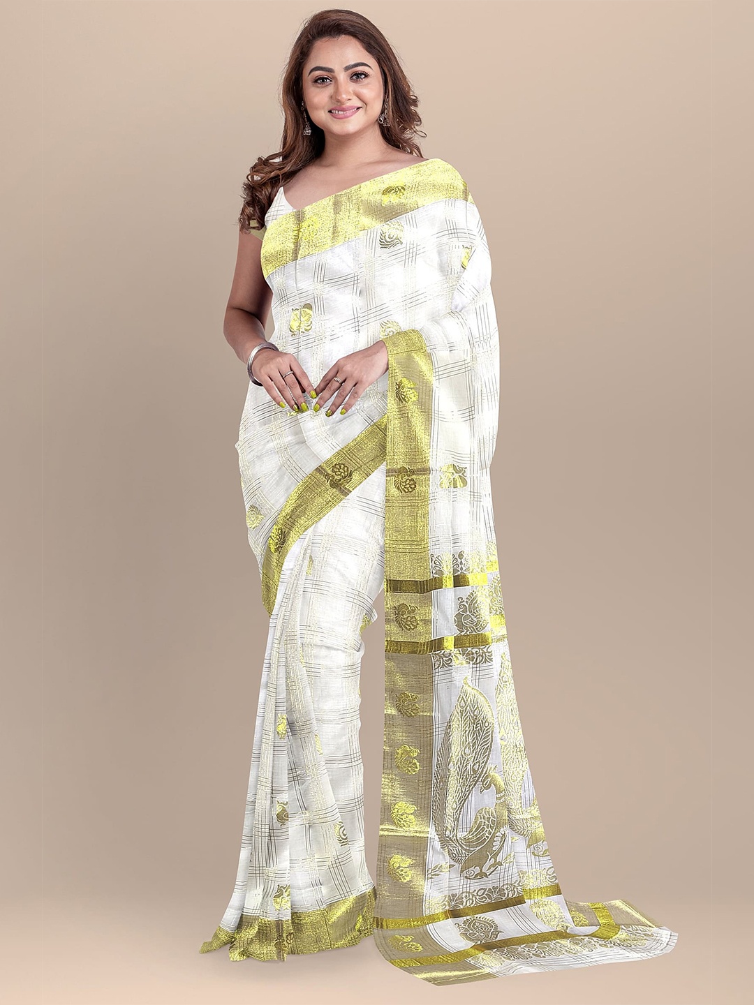 

The Chennai Silks Off White & Lime Green Ethnic Motifs Zari Pure Cotton Kasavu Saree
