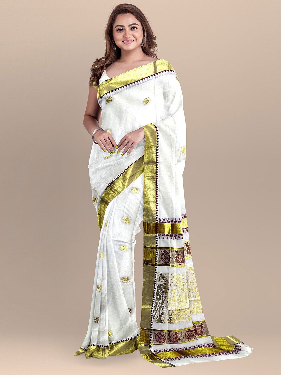 

The Chennai Silks Women Off White & Gold-Toned Woven Design Zari Pure Cotton Kasavu Saree