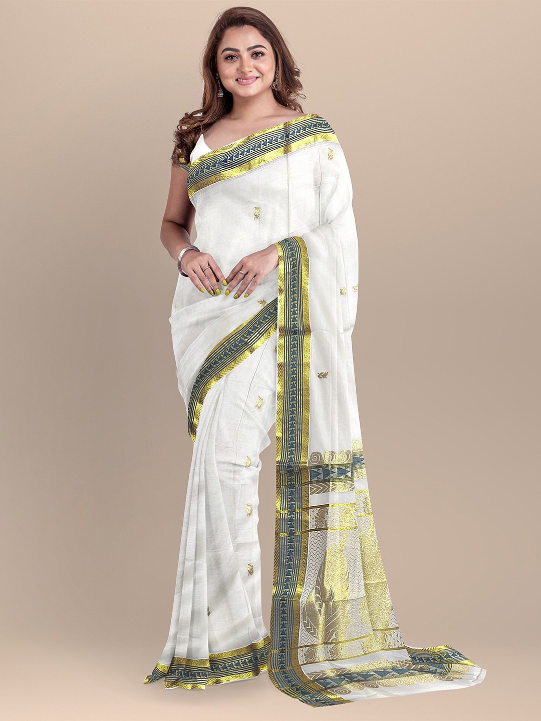 

The Chennai Silks Off White & Gold-Toned Woven Design Zari Pure Cotton Kasavu Saree