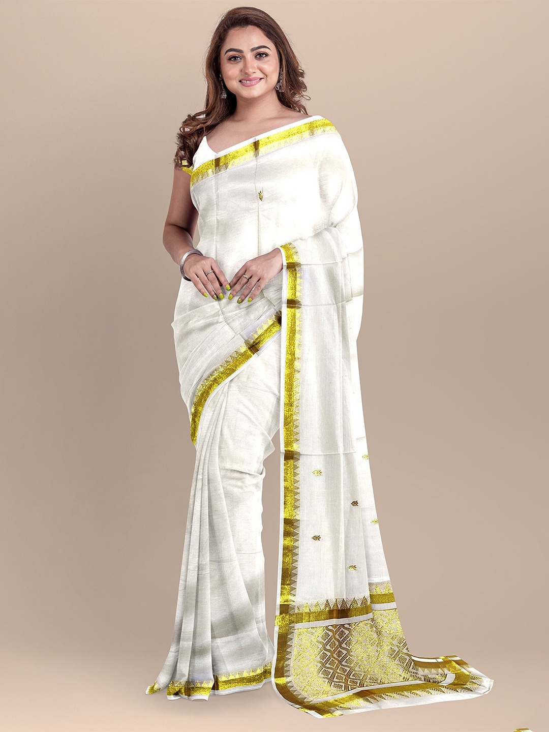 

The Chennai Silks Off White & Green Ethnic Motifs Zari Pure Cotton Kasavu Saree