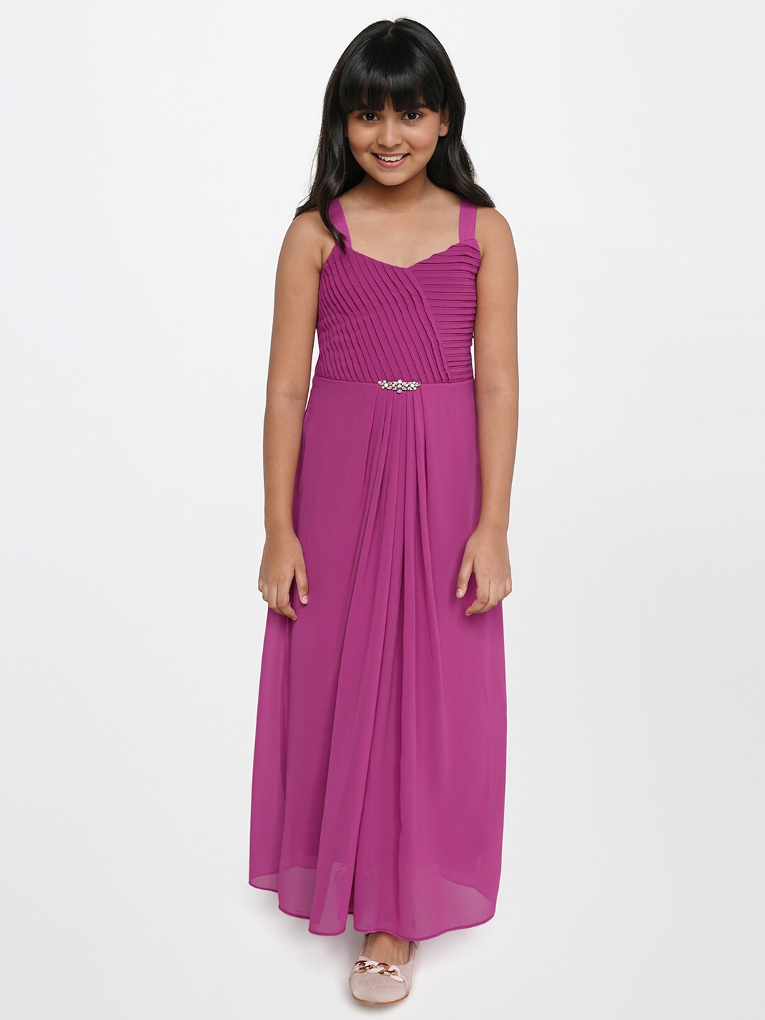 

AND Girls Pink Georgette Solid Pleated Sleeveless Maxi Dress