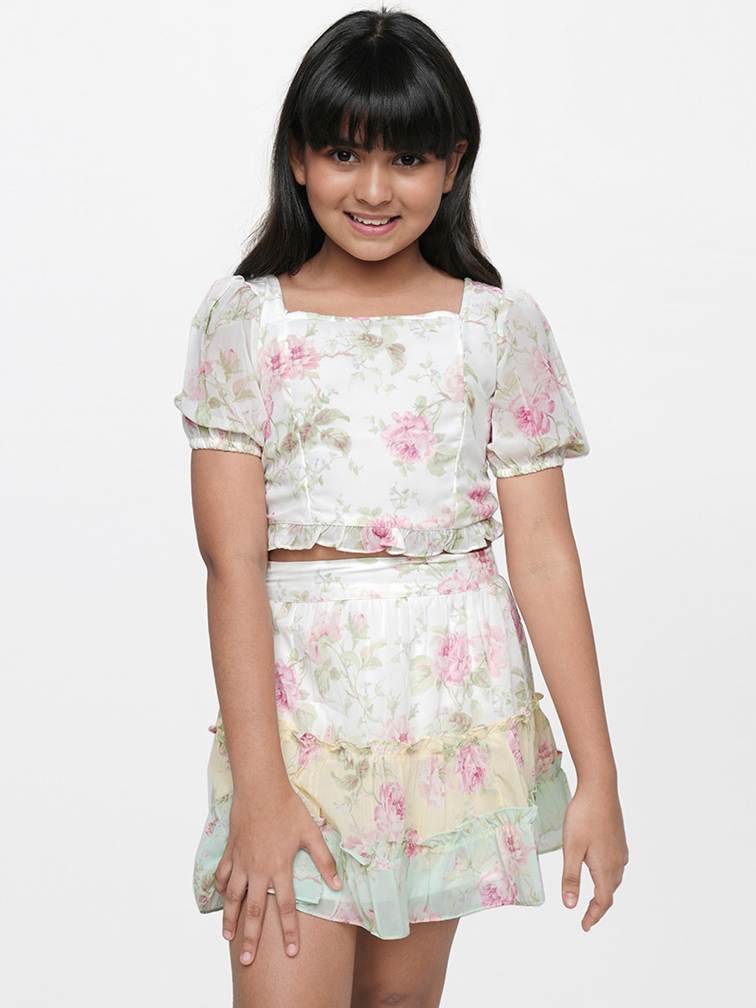 

AND Girls White & Pink Printed Top with Skirt