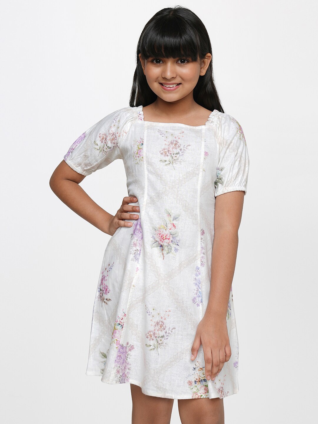 

AND Girls White Floral Linen A-Line Dress