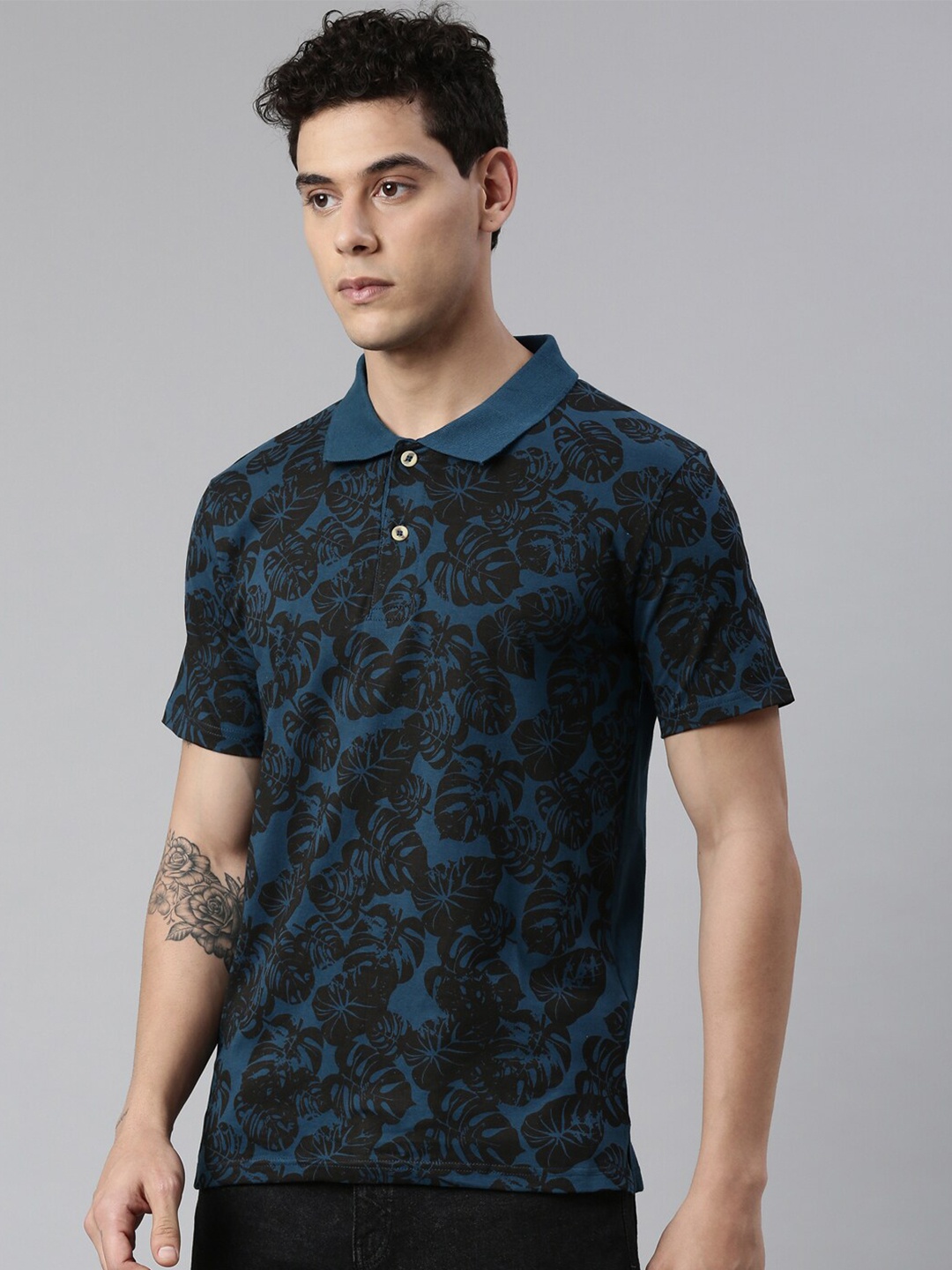 

Kryptic Men Tropical Printed Pure Cotton Polo Collar T-shirt, Teal