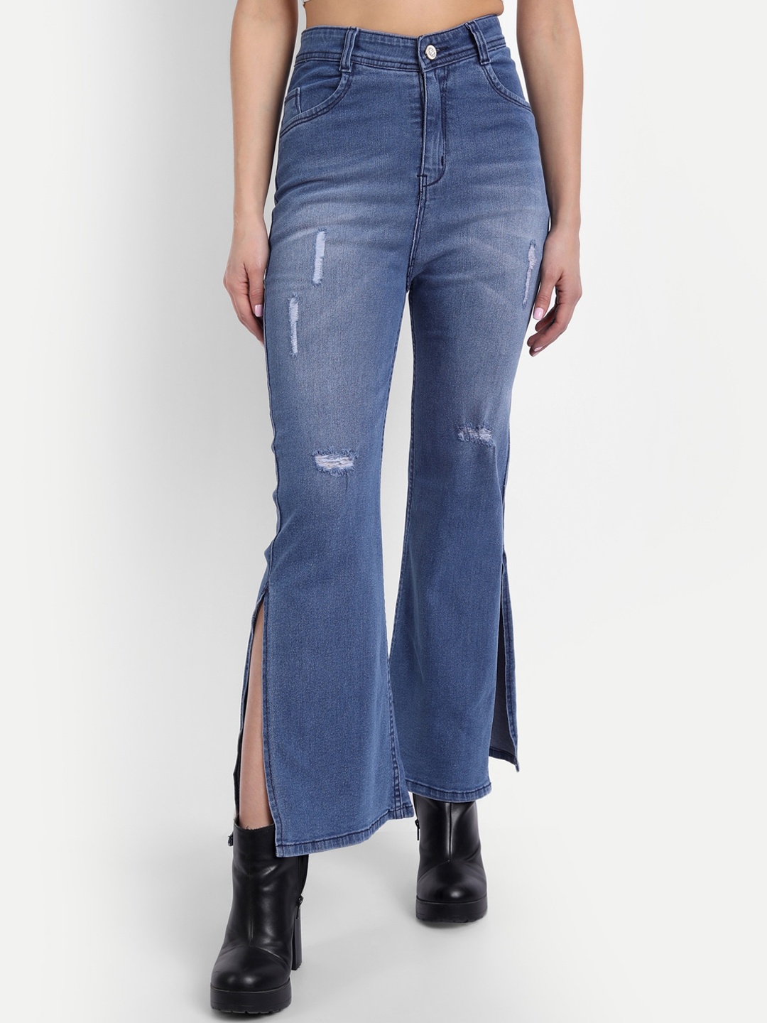 

BROADSTAR Women Blue Jean Wide Leg High-Rise Mildly Distressed Heavy Fade Stretchable Jeans