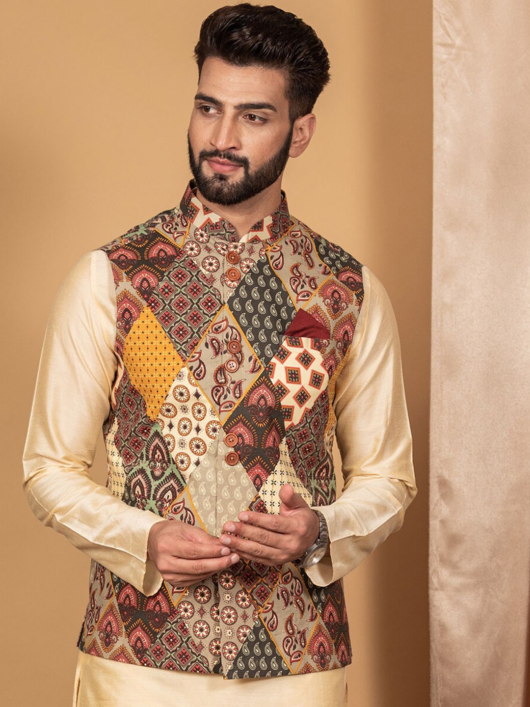 

KISAH Men Beige & Mustard Yellow Printed Nehru Jacket