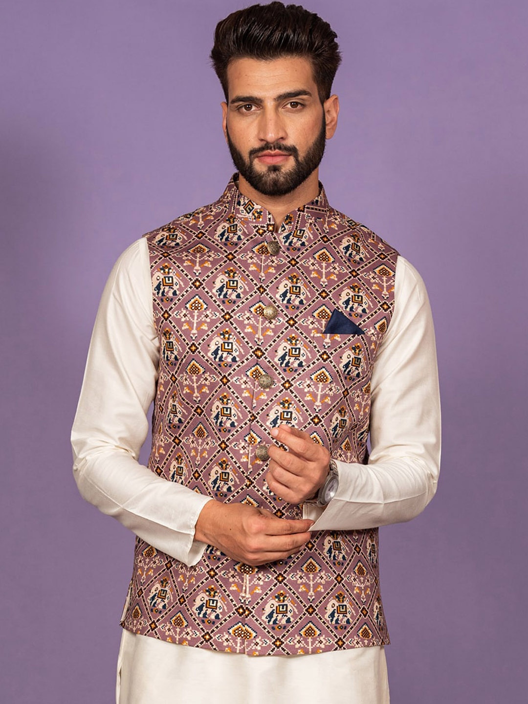 

KISAH Men Purple Printed Woven Nehru Jacket