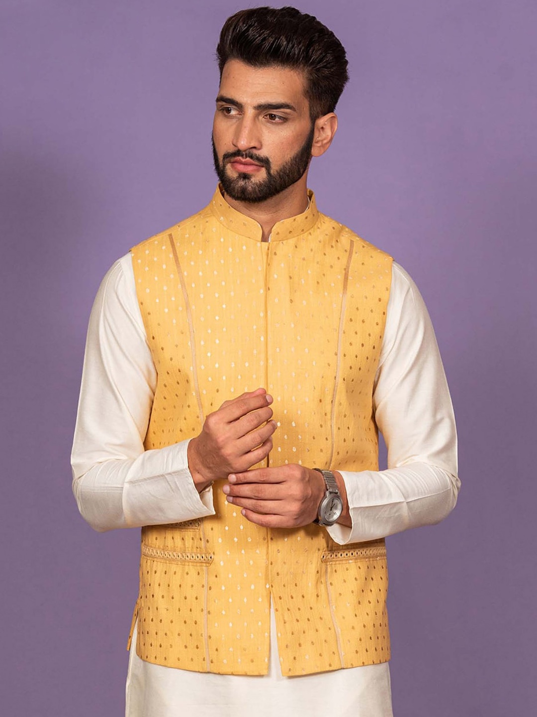 

KISAH Men Yellow Printed Nehru Jackets