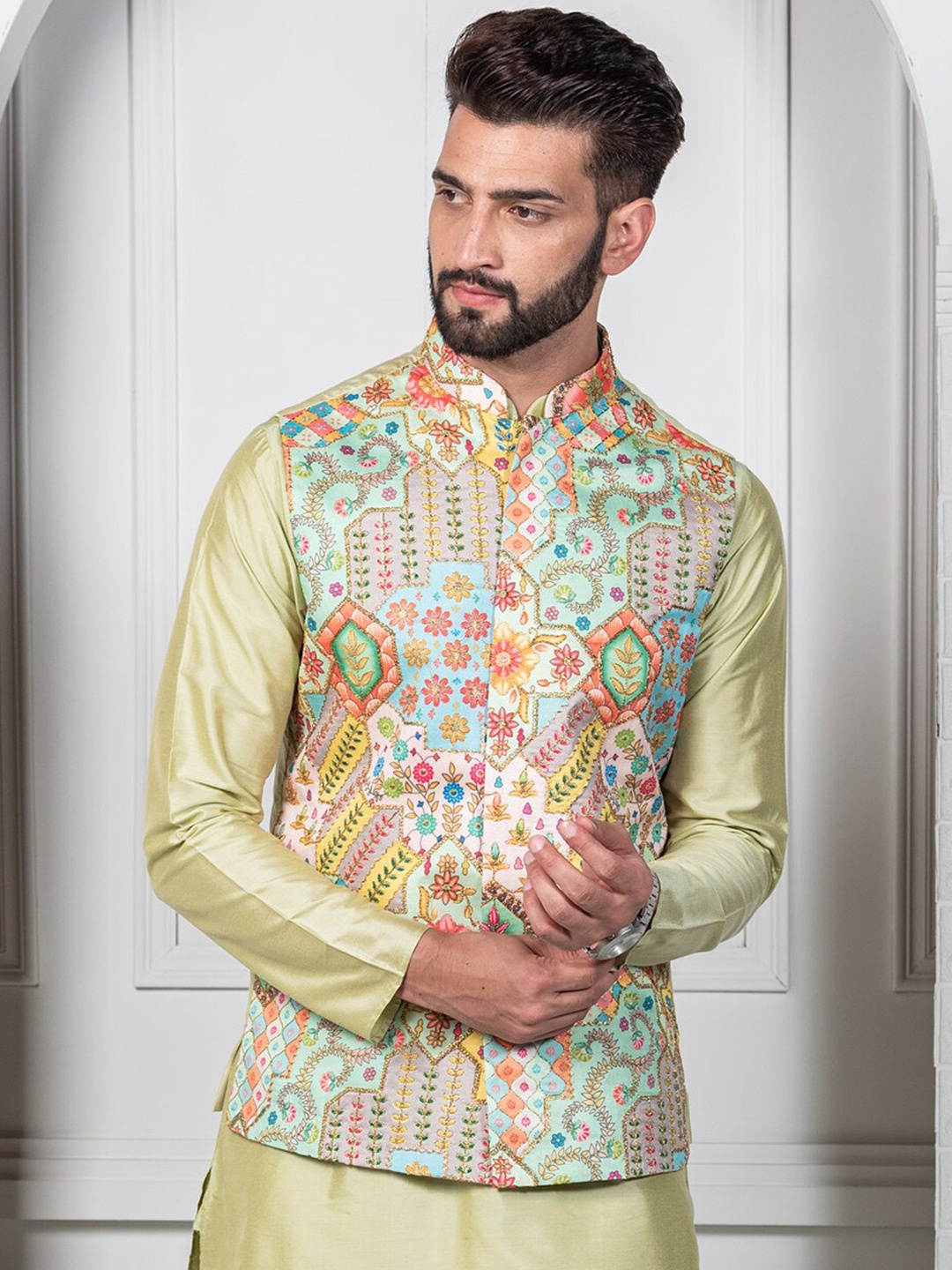 

KISAH Men Green Printed Nehru Jackets, Multi