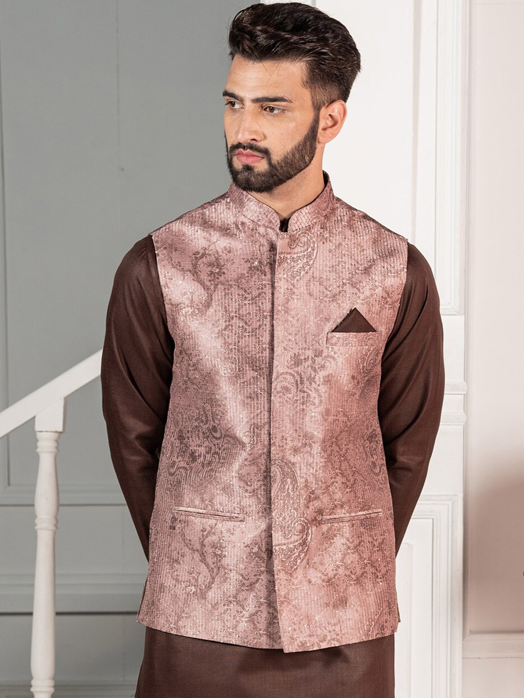 

KISAH Men Brown Solid Woven Design Nehru Jackets