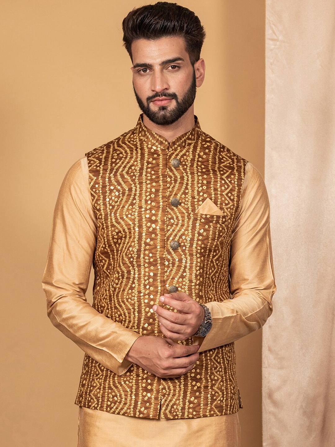 

KISAH Men Mustard Printed Nehru Jackets