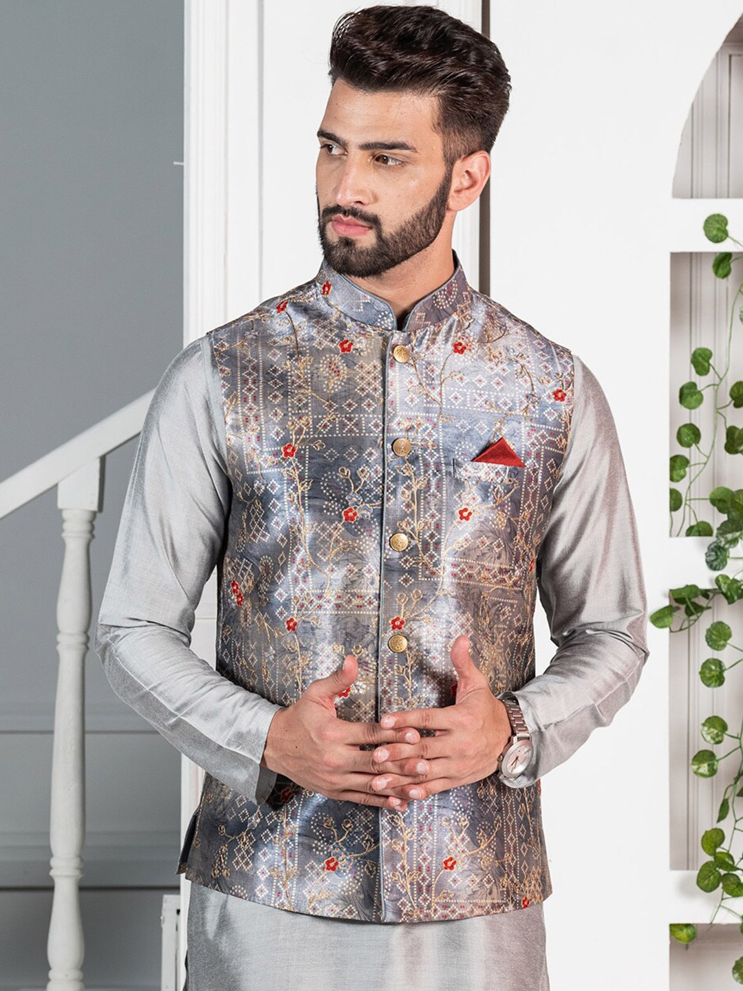 

KISAH Men Grey Printed Woven Nehru Jacket