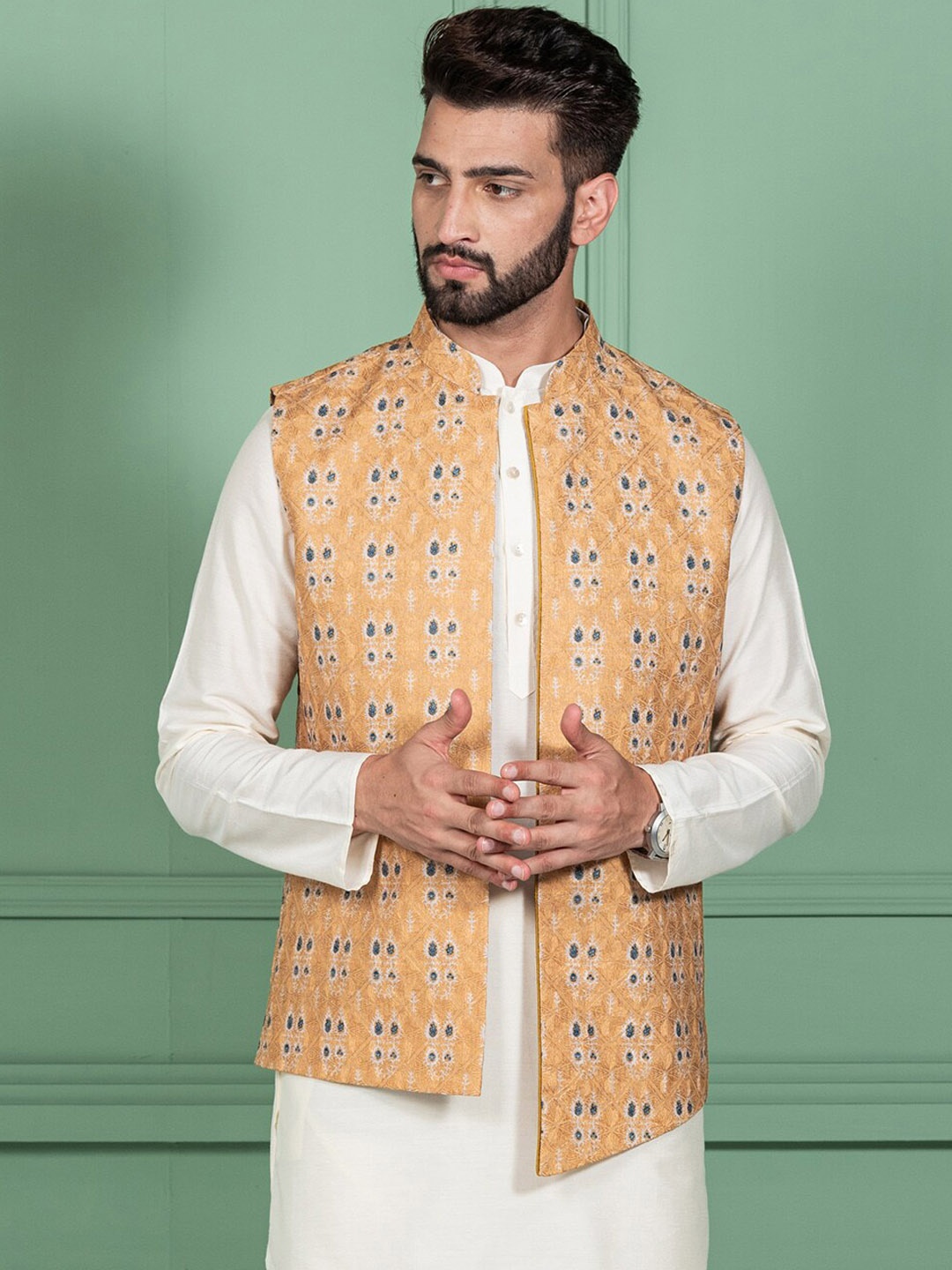 

KISAH Men Mustard-Yellow Woven Design Nehru Jackets
