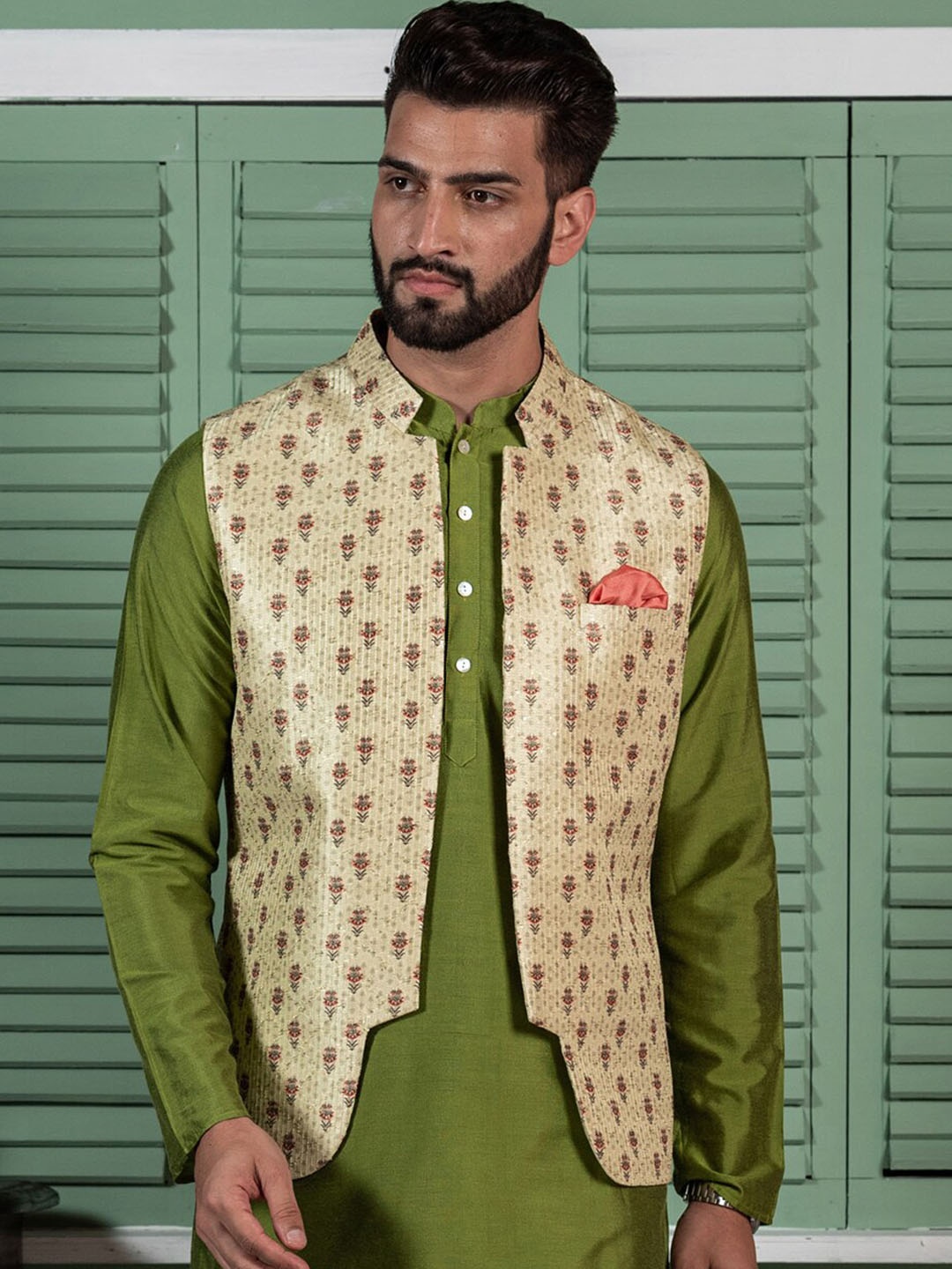 

KISAH Men Lime Green Printed Nehru Jackets