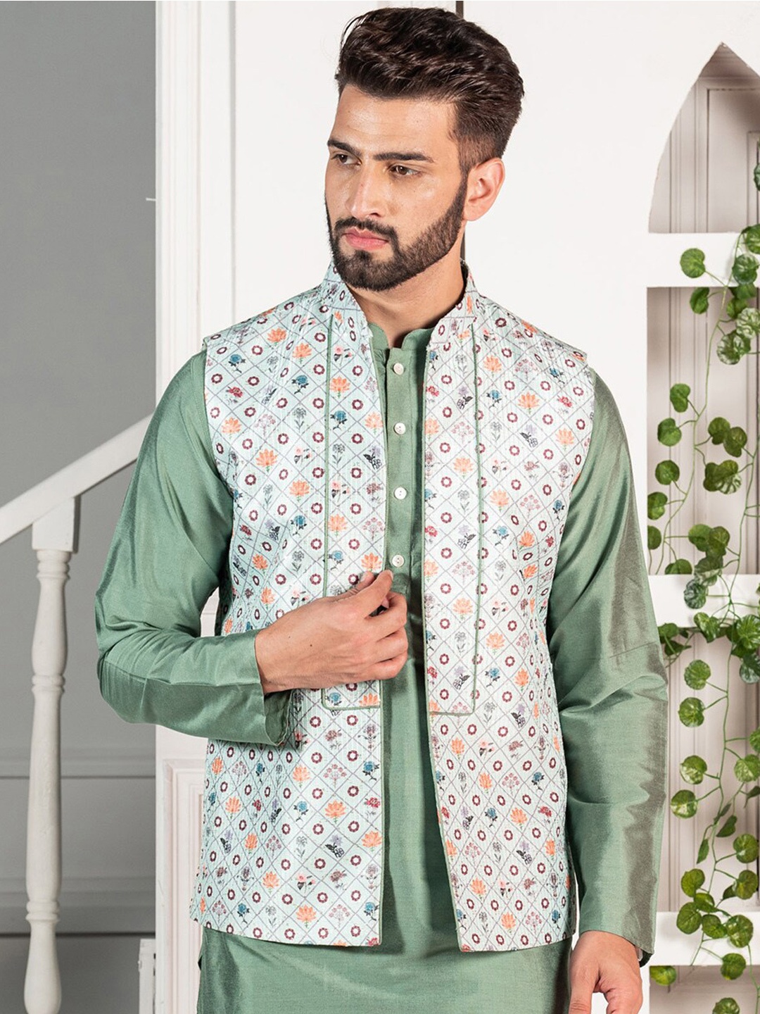 

KISAH Men Green Printed Nehru Jacket