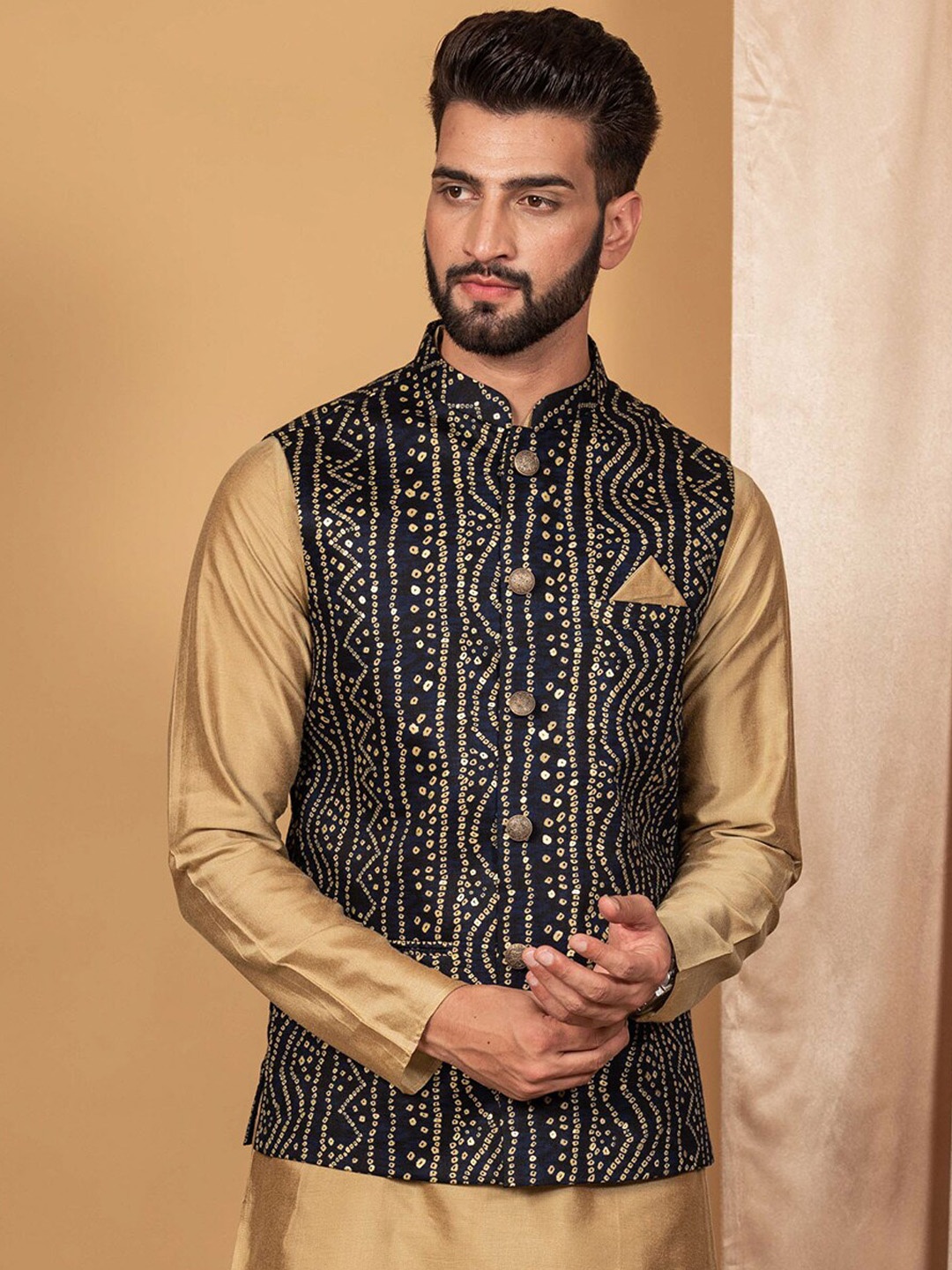 

KISAH Men Navy Blue Woven Design Nehru Jacket