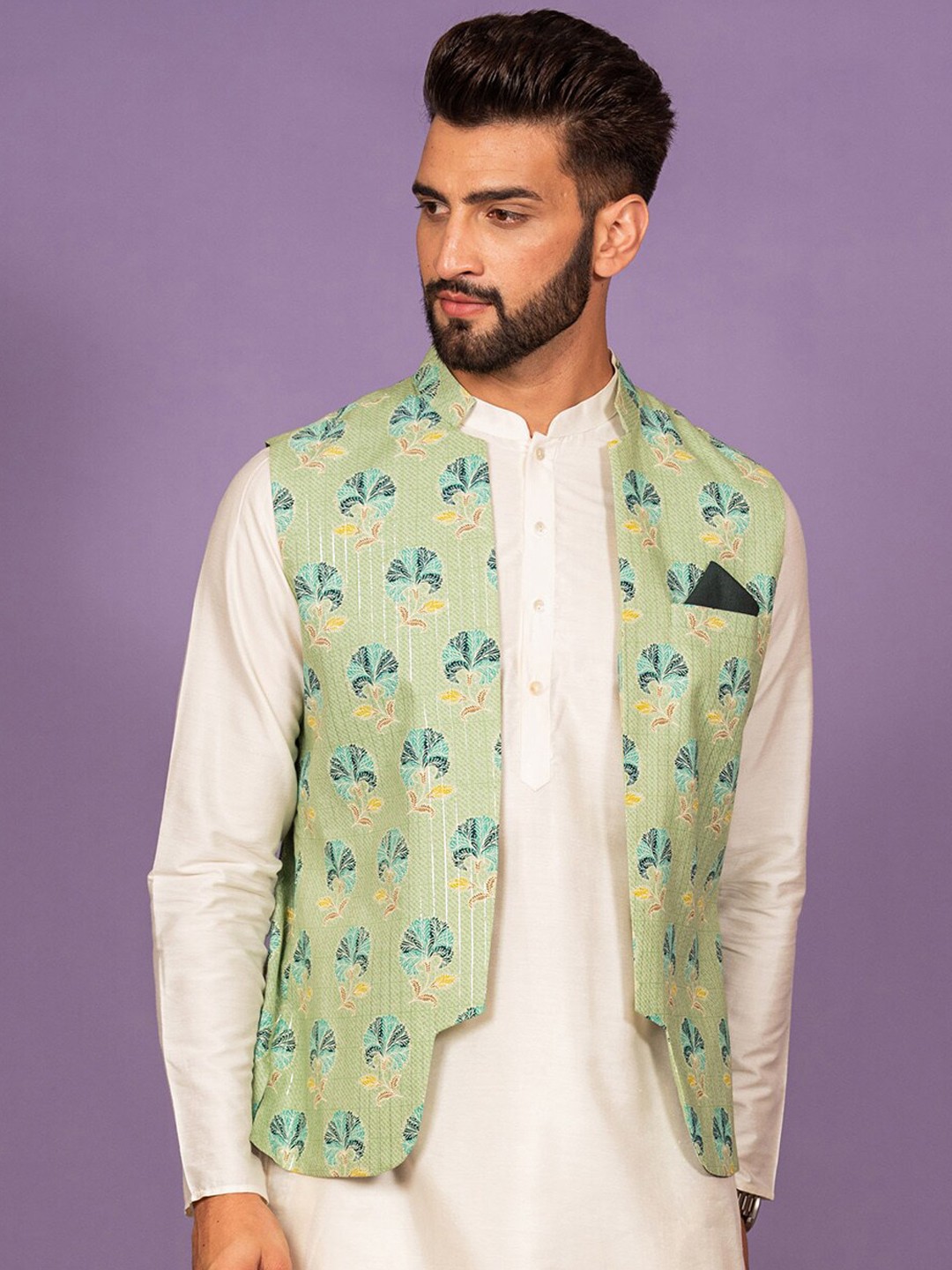 

KISAH Men Green Floral Printed Nehru Jacket