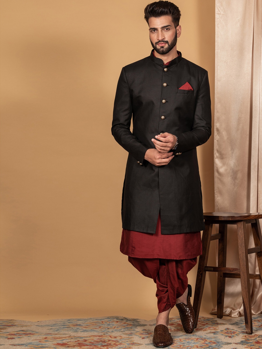 

KISAH Men Black Solid Cotton Sherwani