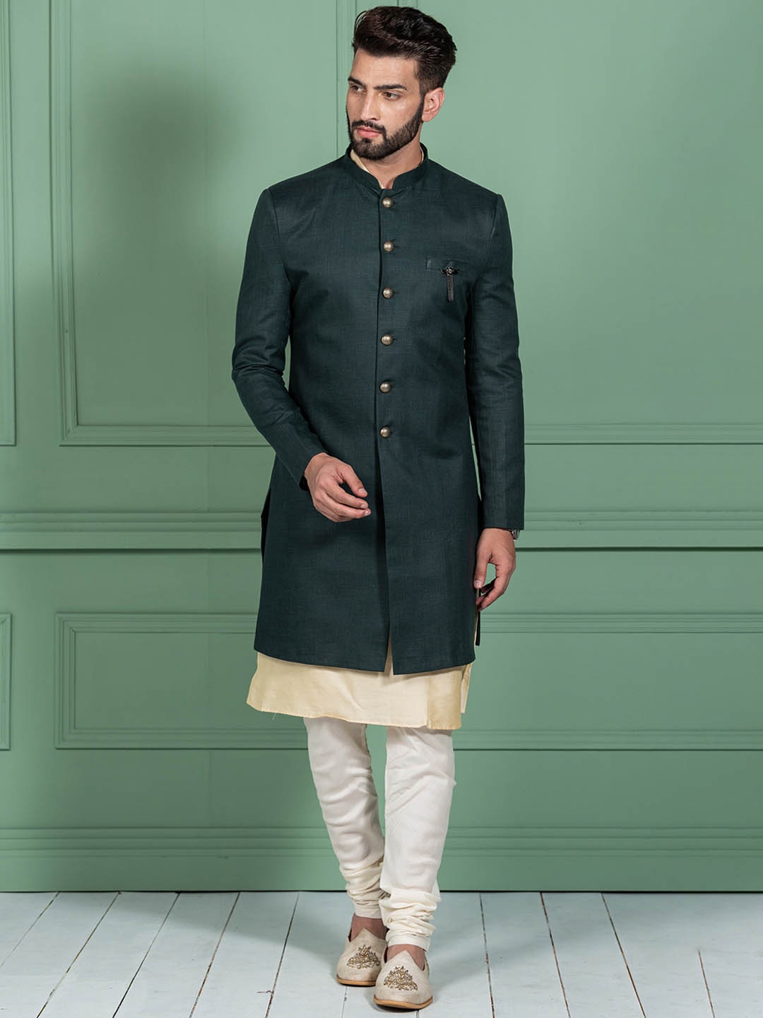 

KISAH Men Solid Cotton Kurta Indowestern Sherwani Set, Green