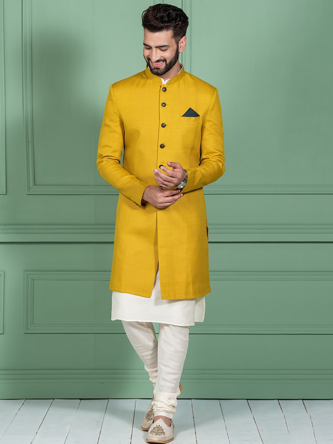 

KISAH Men Mustard-Yellow Solid Cotton Sherwani Set