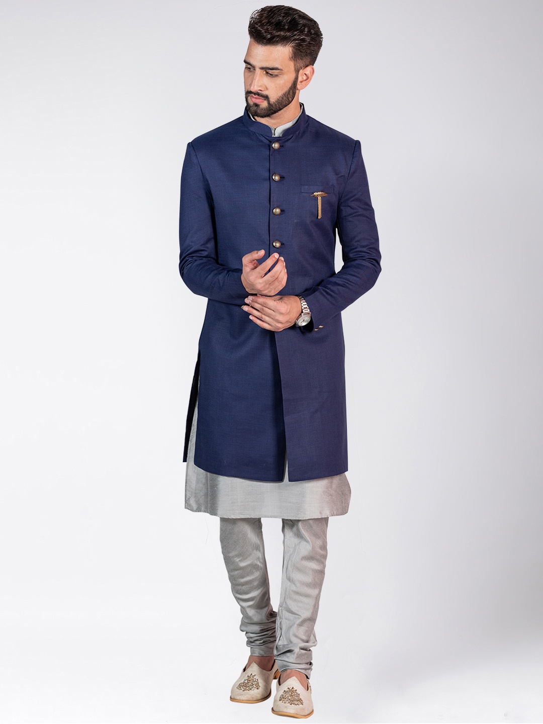 

KISAH Men Navy Blue Solid 3-Pcs Indowestern Sherwani Set