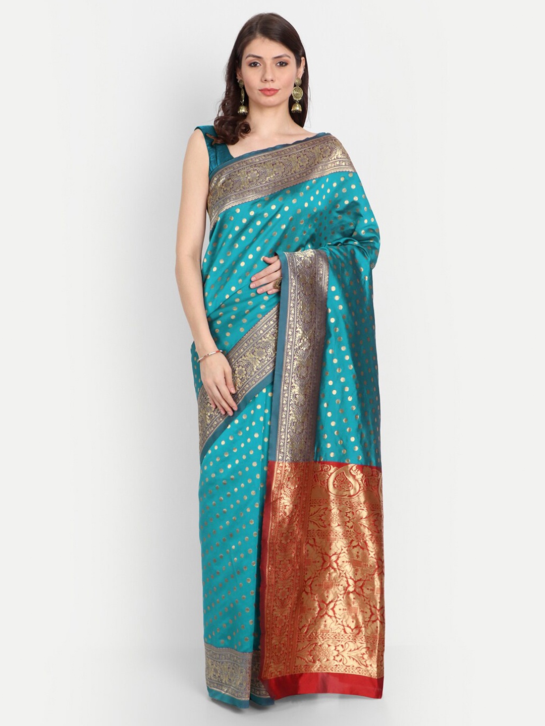 

RIVAMA Green & Red Woven Design Zari Silk Cotton Saree