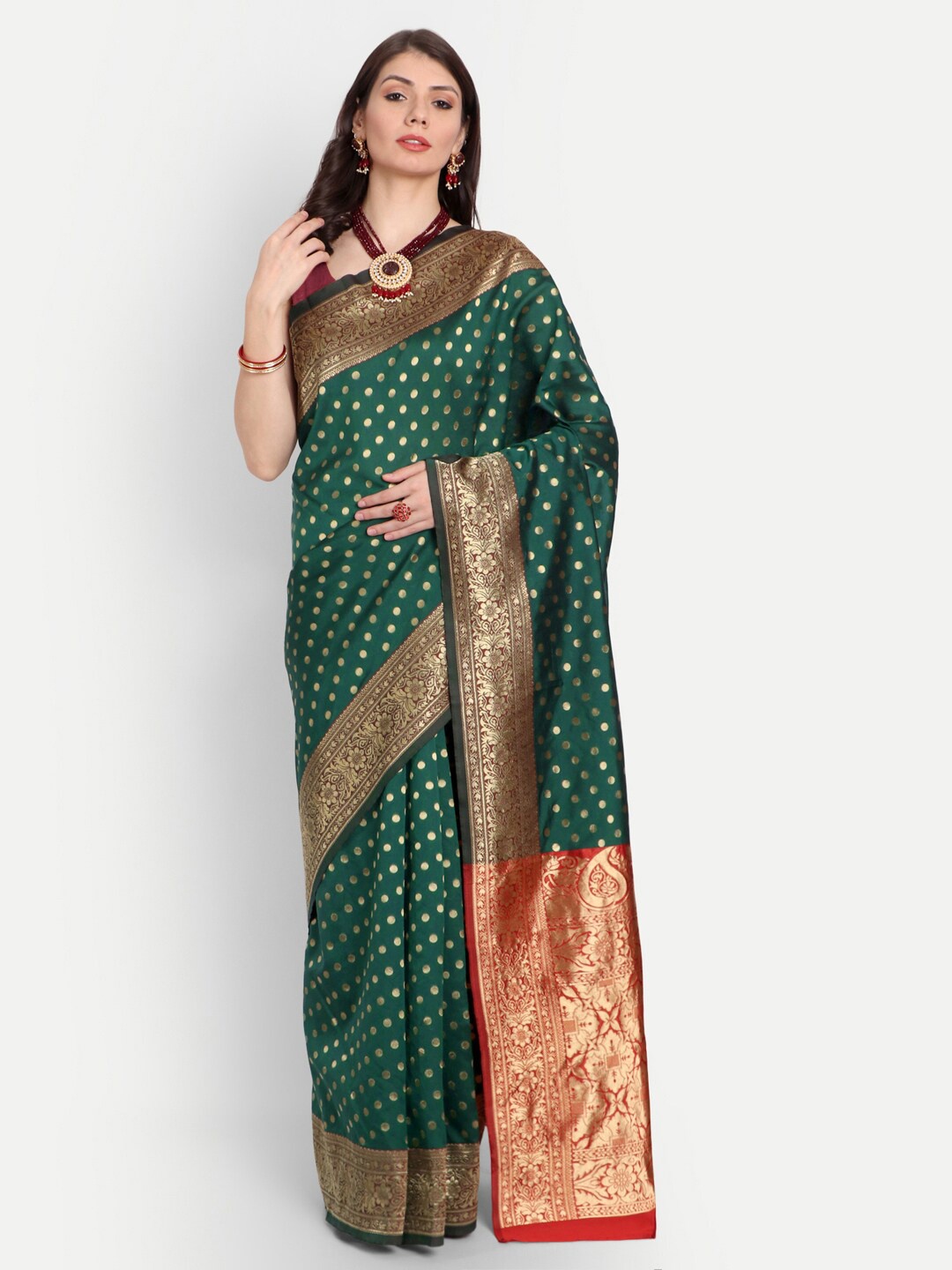 

RIVAMA Green & Red Woven Design Zari Silk Cotton Banarasi Saree