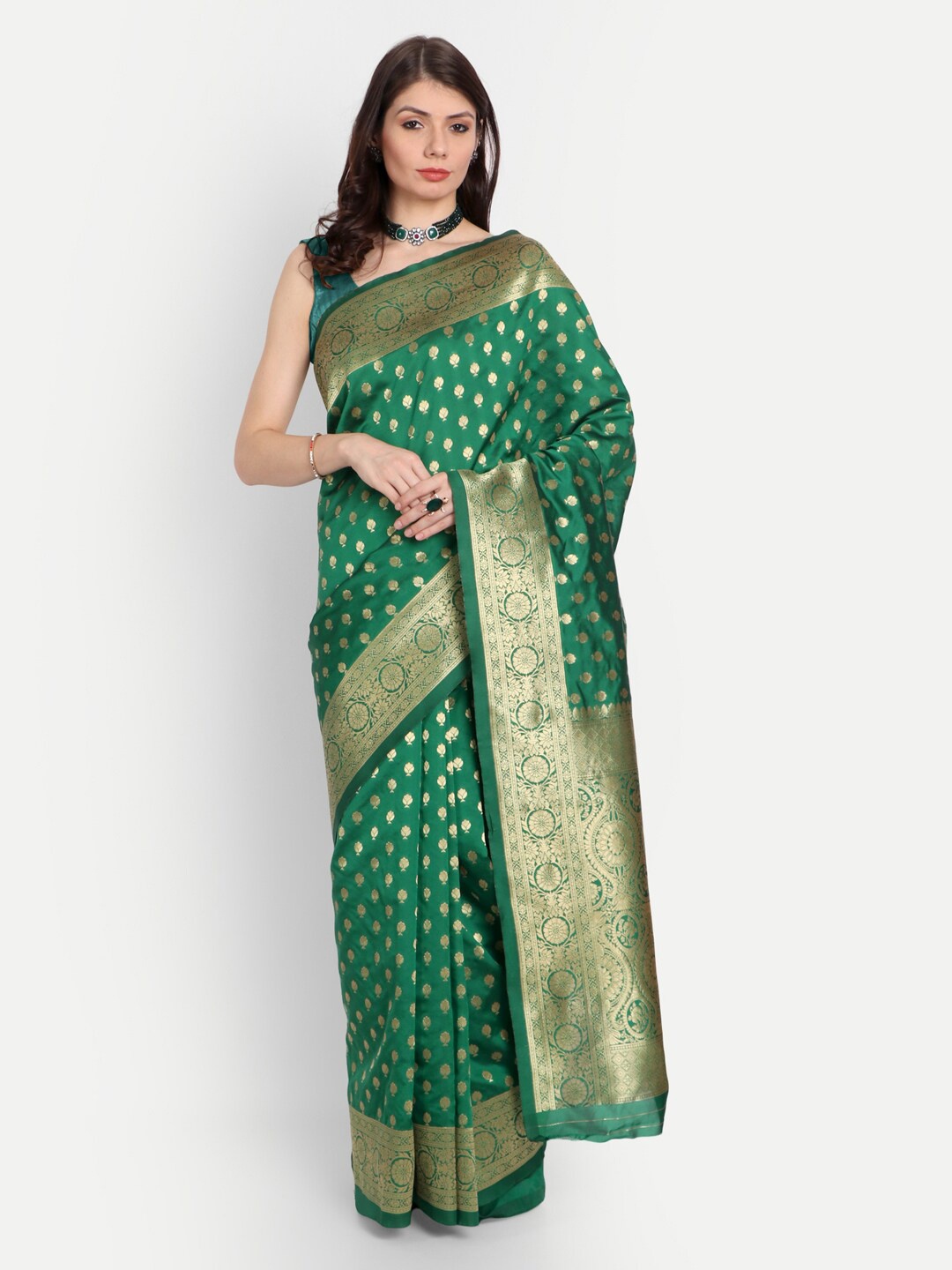 

RIVAMA Green & Gold-Toned Woven Design Zari Silk Cotton Banarasi Saree