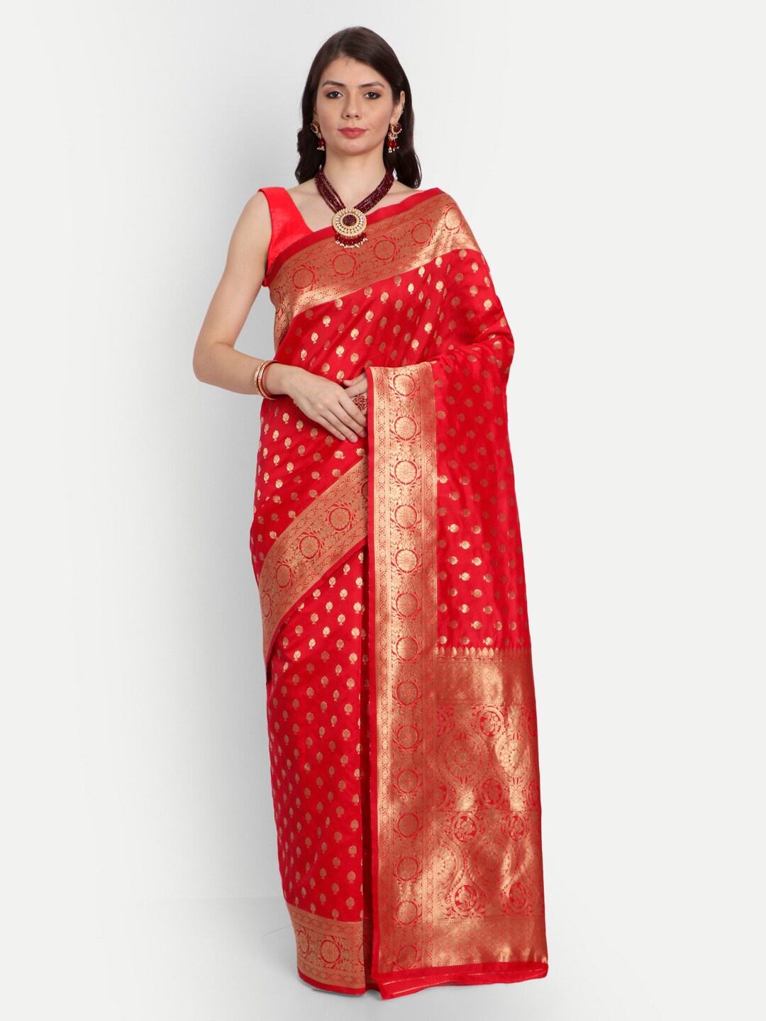 

RIVAMA Red & Gold-Toned Woven Design Zari Silk Cotton Banarasi Saree