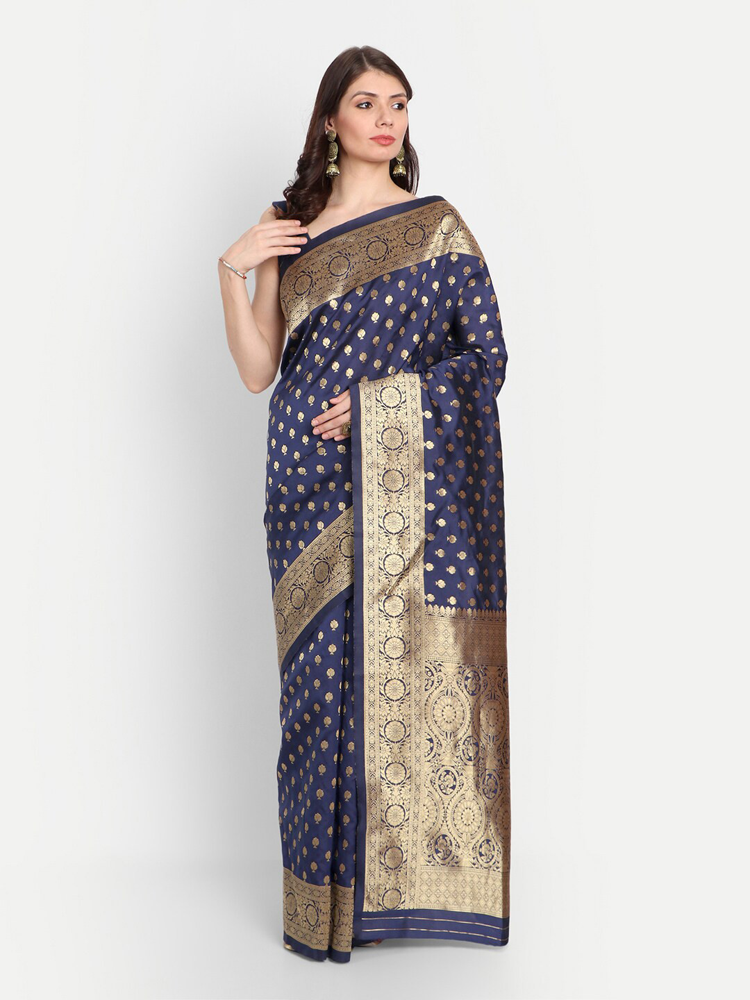 

RIVAMA Blue & Gold-Toned Woven Design Zari Silk Cotton Banarasi Saree