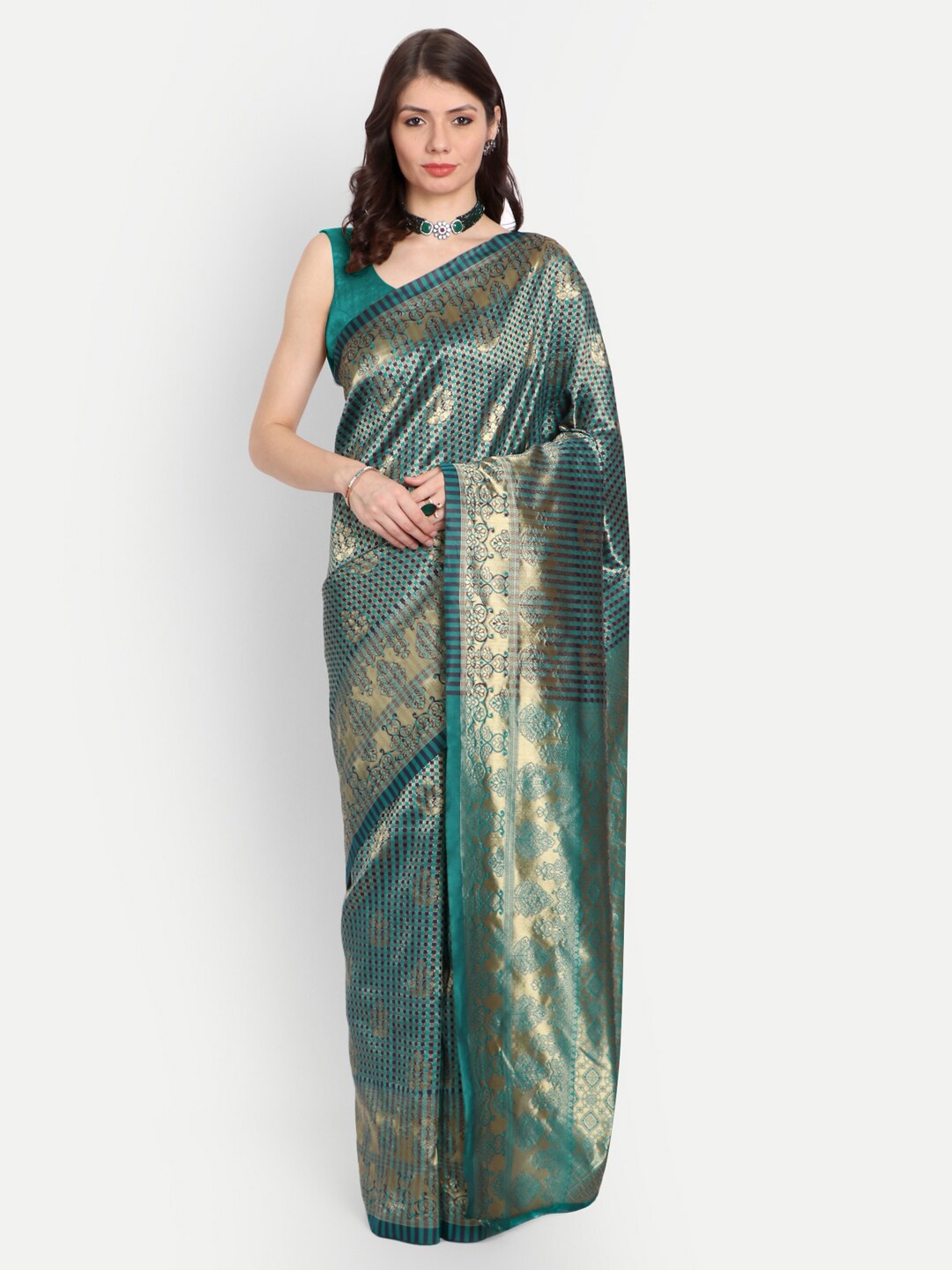 

RIVAMA Green & Gold-Toned Ethnic Motifs Zari Banarasi Saree