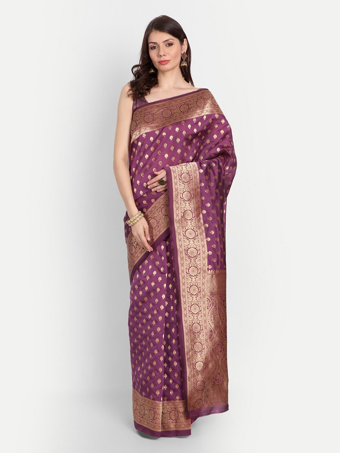 

RIVAMA Purple & Gold-Toned Woven Design Zari Silk Cotton Banarasi Saree