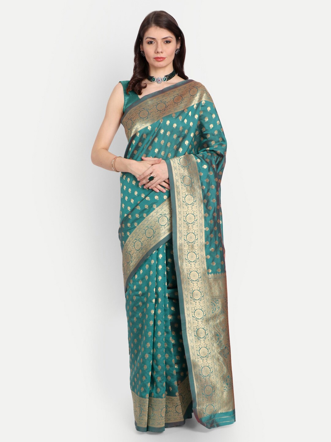 

RIVAMA Women Green & Gold-Toned Floral Zari Silk Cotton Banarasi Saree