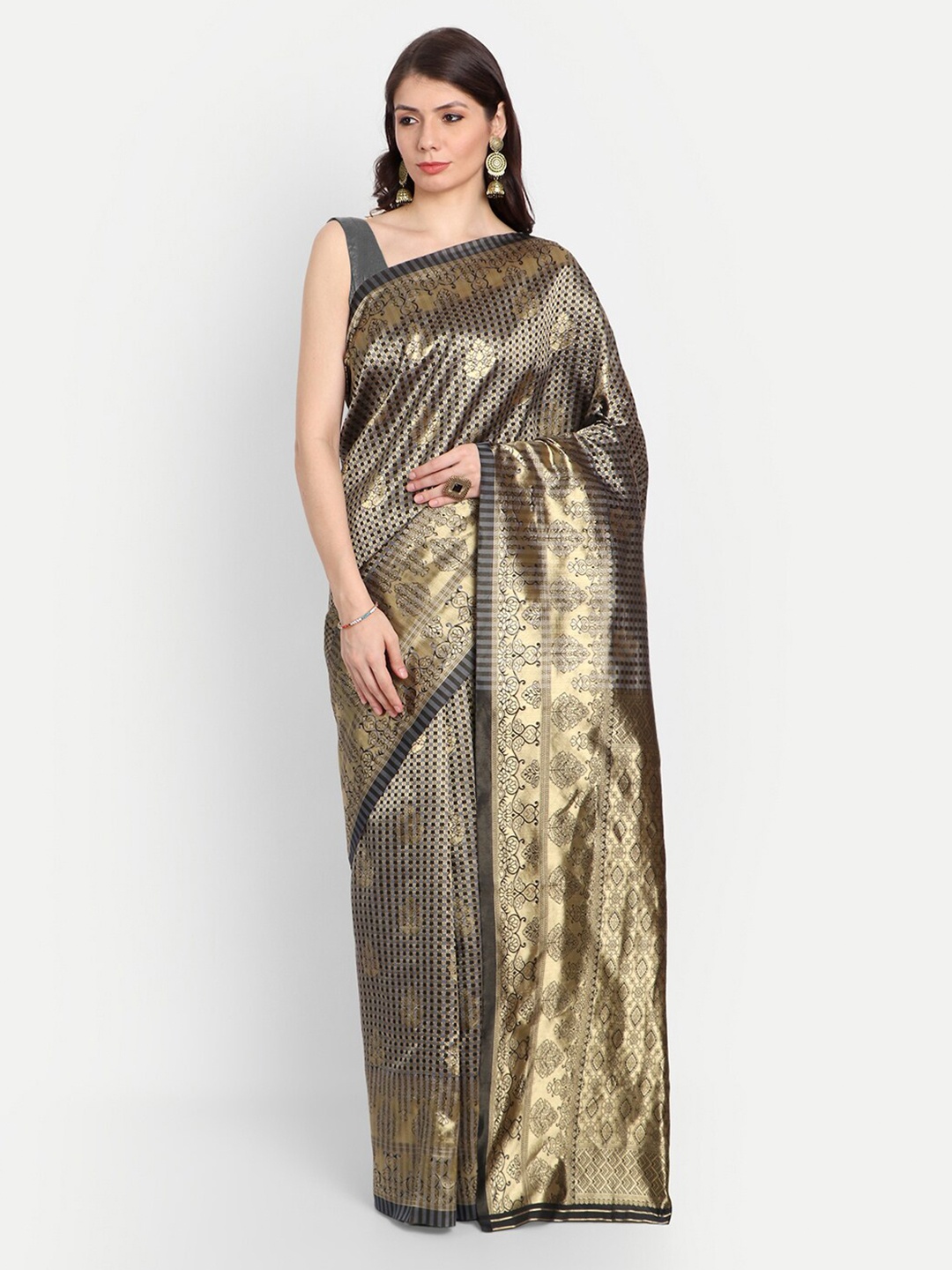

RIVAMA Black & Gold-Toned Woven Design Zari Silk Cotton Banarasi Saree